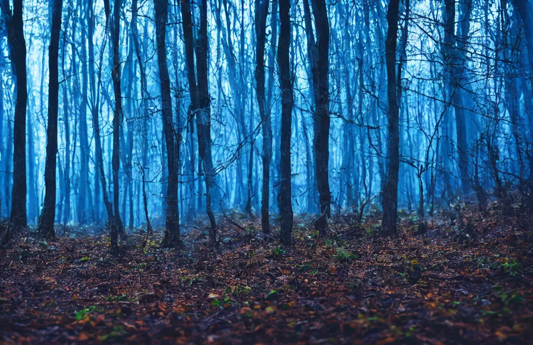 Image similar to blue forest, glowing mushrooms, sigma lens, strong bokeh, photography, highly detailed, 8 5 mm, f / 1. 3, fog, dusk