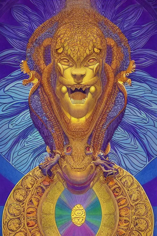 Prompt: beautiful crocodile headed god by maxfield parrish, mandala, coherent design, symmetrical, vivid colors, digital watercolor ink illustration painting, complementary color, golden ratio, detailed, sharp lines, sharp focus, intricate, rainbowshift, artgerm, gustave dore, alphonse mucha, octane render