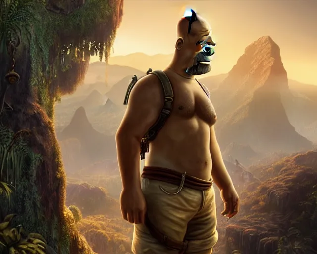 Image similar to a epic cinematic gaming screenshot portrait of homer simpson as nathan drake from uncharted, deep focus, adventure, fantasy, intricate, elegant, highly detailed, digital painting, artstation, concept art, matte, sharp focus, illustration, dark fantasy style art, art by artgerm and greg rutkowski and alphonse mucha