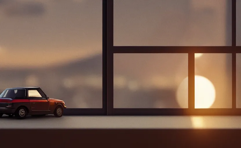 Prompt: a miniature of a Peugeot 309 Vital on a bookshelf near a window at sunset, DOF, octane render, unreal engine 5, godrays, complementary colors, calm, symmetrical, highly detailed, high quality, 4k, beautiful, hyperrealistic