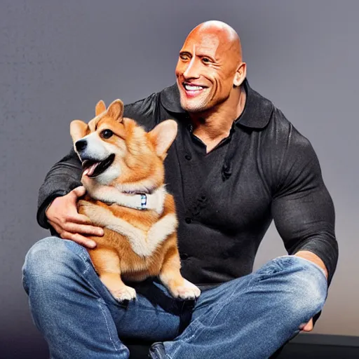 Image similar to photo of dwayne johnson riding a giant corgi, highly - detailed, sharp focus, award - winning