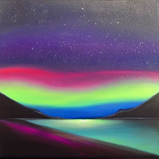 Image similar to a painting of the aurora borealis in the night sky, an oil on canvas painting by Nína Tryggvadóttir, deviantart, metaphysical painting, bioluminescence, nightscape, sense of awe