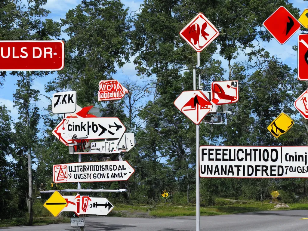 Prompt: confusing road signs, 8k resolution, ultrarealistic