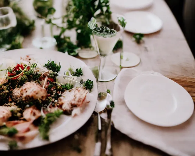 Prompt: 8 5 mm food photography of a plate full of grass at restaurant with dof and bokeh and wine glasses o