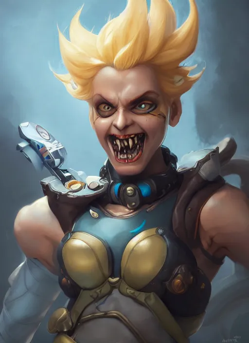 Image similar to character portrait of a fusion of Junkrat from Overwatch and Mercy from Overwatch by ArtGerm and Tom Bagshaw, 4k, highly detailed, cinematic lighting, characters merged