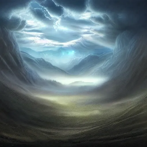 Image similar to a dark cloudy !!hand!! in a valley reaching out of the sky trying to touch the ground, matte painting, fantasy art