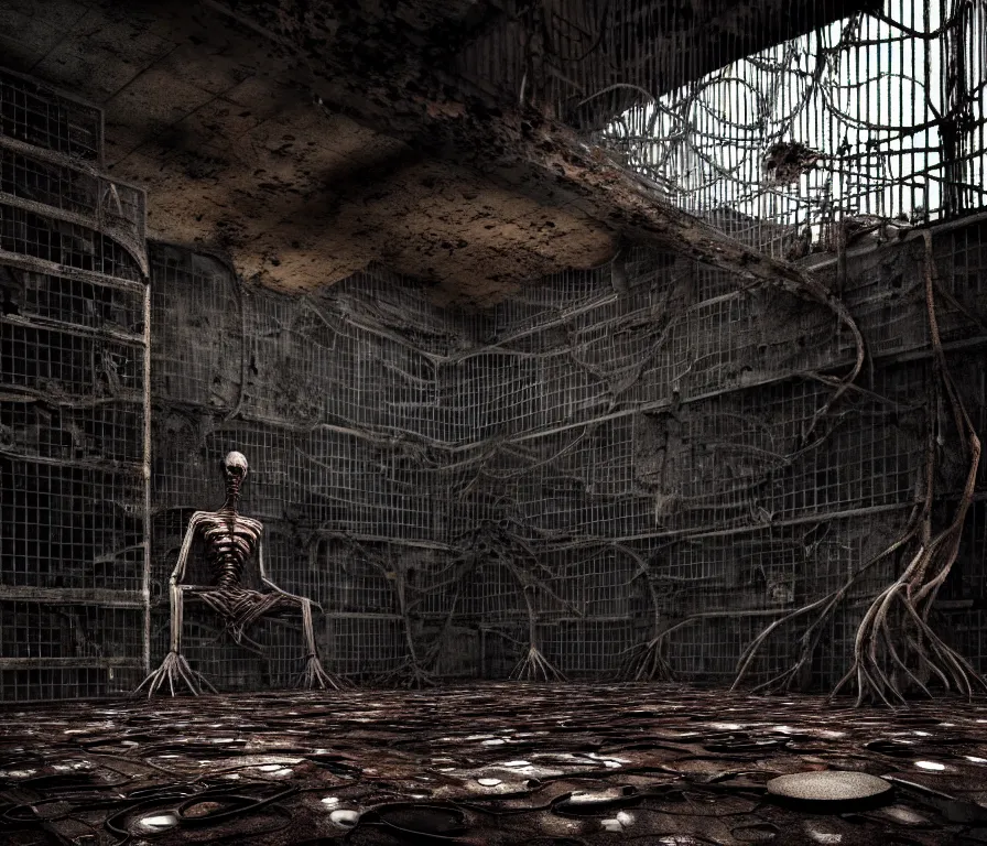 Prompt: creepy huge humanoid with long limbs sits on the floor. An underground very dark gloomy multi-layered structure of rusty thick iron grates, dense chain-link fencing and peeling walls. Inside view, collapsed floors, bent rusted iron, masterpiece, black background, corners, cinematic, hyperdetailed, photorealistic, hyperrealism, octane render, 8k, depth of field, bokeh, architecture, shadows, art by Zdzisław Beksiński, Arthur Rackham, Dariusz Zawadzki