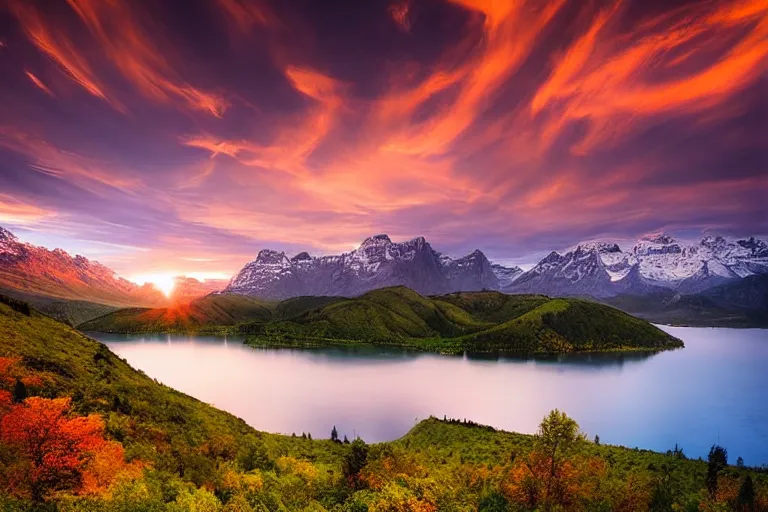 Image similar to amazing landscape photo of mountains with lake in sunset by marc adamus, beautiful dramatic lighting