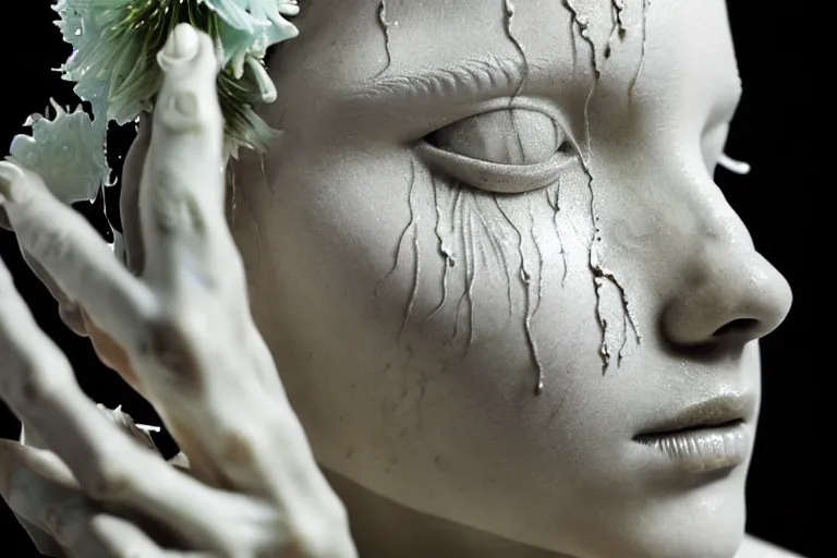 Prompt: the medium shot of sculpture of a beautiful woman with flowing tears, fractal flowers on the skin, intricate, a marble sculpture by nicola samori, behance, neo - expressionism, marble sculpture, made of mist, still frame from the prometheus movie by ridley scott with cinematogrophy of christopher doyle, arri alexa, anamorphic bokeh, 8 k