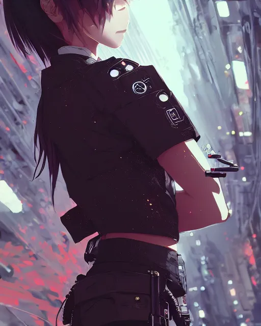 Image similar to kyoto animation, cool girl wearing cyberpunk intricate streetwear, beautiful, detailed portrait, cell shaded, 4 k, concept art, by wlop, ilya kuvshinov, artgerm, krenz cushart, greg rutkowski, pixiv. cinematic dramatic atmosphere, sharp focus, volumetric lighting, cinematic lighting, studio quality