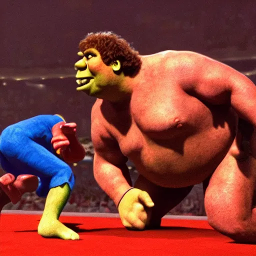 Image similar to shrek vs andre the giant at wrestlemania 8, dramatic lighting, 8k , WWE poster