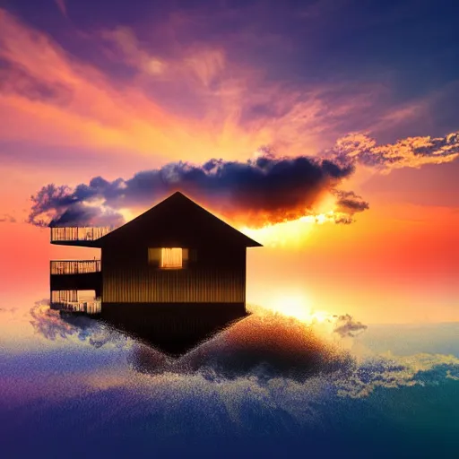 Prompt: a house floating above the clouds, sunset