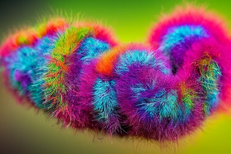 Image similar to an amazing fluffy caterpillar with psychedelic colors, macro photography, fiberous hairs and very detailed capture photography 8 k, sony, nikkon, cannon