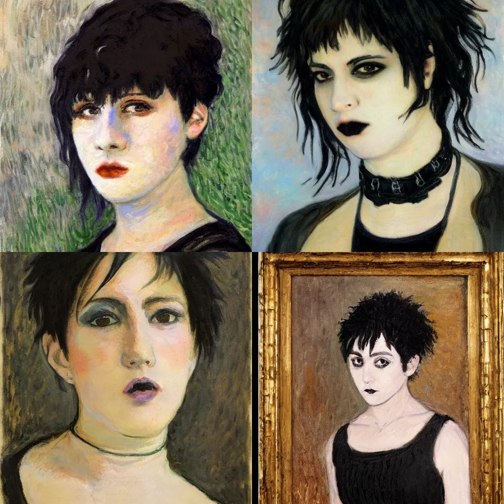 Prompt: an hd goth emo punk portrait painted by claude monet. her hair is dark brown and cut into a short, messy pixie cut. she has a slightly rounded face, with a pointed chin, large entirely - black eyes, and a small nose. she is wearing a black tank top, a black leather jacket, a black knee - length skirt, and a black choker.