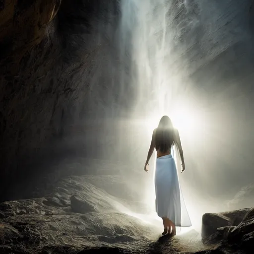 Image similar to photo, a woman in a giant flowing incredibly long dragging illuminated white dress, standing inside a dark western rocky scenic landscape, volumetric lighting