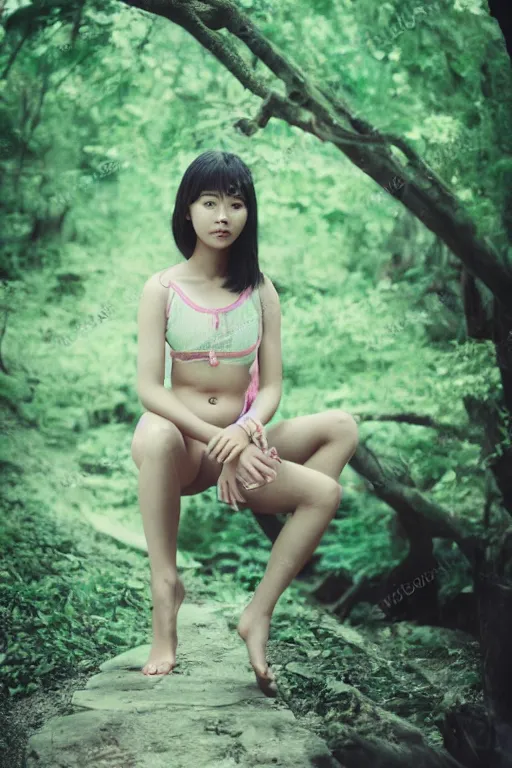 Prompt: analog photograph of an beautiful asian girl, deep wood on background, detailed