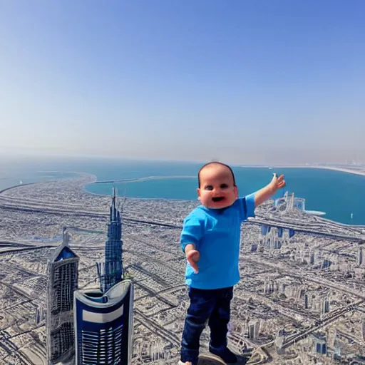 Prompt: hyper realistic baby standing at the top of burj khalifa and the background is the view of the sea photography