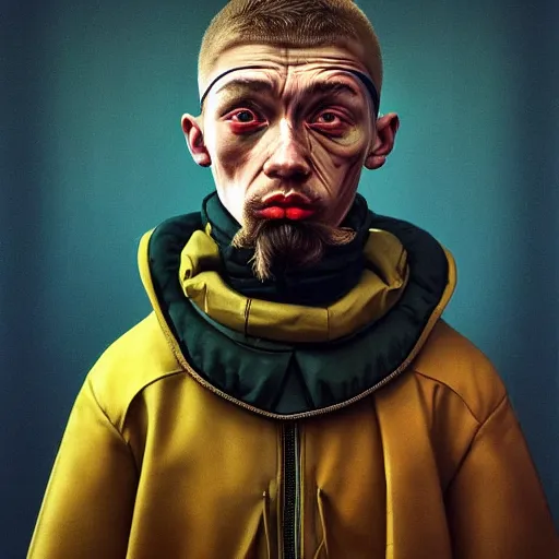 Image similar to Colour Brutal Caravaggio style Photography of Highly detailed brutal Gopnik with detailed face and wearing detailed retrofuturistic Ukrainian folk costume designed by Taras Shevchenko also wearing highly detailed retrofuturistic sci-fi Neural interface designed by Josan Gonzalez. Many details In style of Josan Gonzalez and Mike Winkelmann and andgreg rutkowski and alphonse muchaand and Caspar David Friedrich and Stephen Hickman and James Gurney and Hiromasa Ogura. Rendered in Blender and Octane Render volumetric natural light