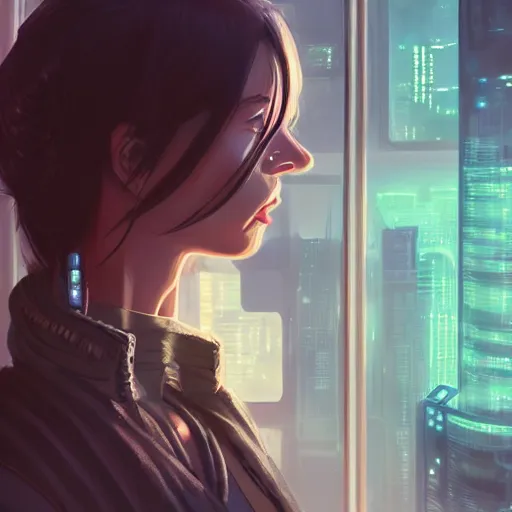 Image similar to portrait of cyberpunk woman looking out of a window, cyberpunk setting, futuristic, highly detailed, intricate lighting, digital painting, sharp focus, illustration, trending on artstation, art by makoto shinkai.
