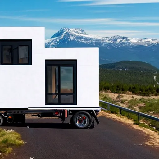 Prompt: concept flatbed truck with modern tinyhouse, minimalistic design, mountain road landscape