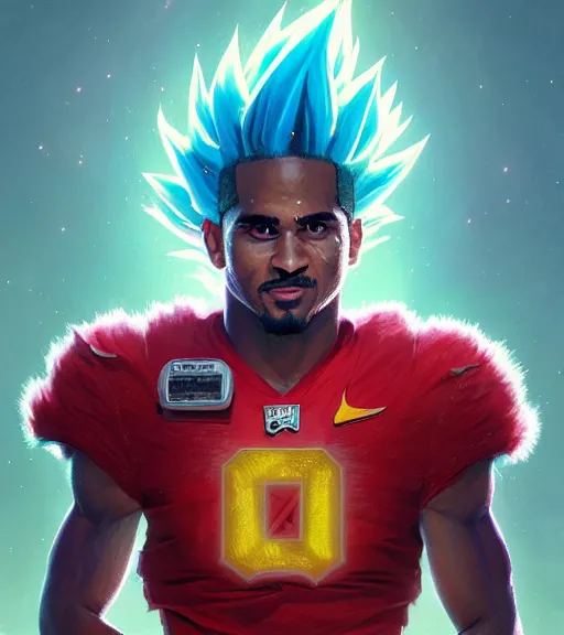 Image similar to highly detailed portrait of super saiyan jalen hurts, philadelphia eagles football, unreal engine, fantasy art by greg rutkowski, loish, rhads, ferdinand knab, makoto shinkai and lois van baarle, ilya kuvshinov, rossdraws, tom bagshaw, global illumination, radiant light, detailed and intricate environment