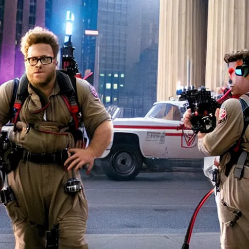 Image similar to awe inspiring Seth Rogen playing a Ghostbuster in a still from the movie Ghostbusters 8k hdr