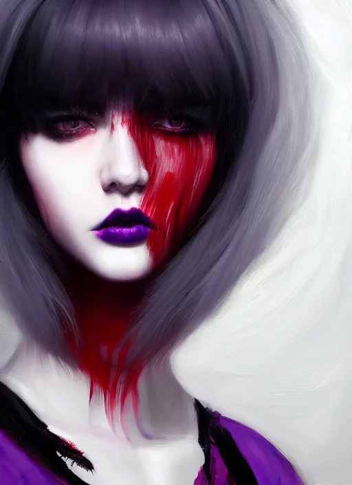 Image similar to portrait of white teenage girl, normal face, black bangs, mall goth, cyberlox, black and white hair, bangs, fluffy bangs, red contacts, purple lipstick, intricate, elegant, highly detailed, digital painting, artstation, concept art, sharp focus, smooth, illustration, art by wlop, mars ravelo and greg rutkowski