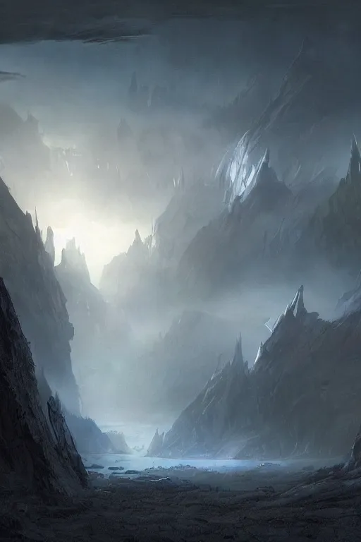 Prompt: concept art, matte painting, dark epic sci fi landscape dawn mist halo, by dawe gabriel and dean roger