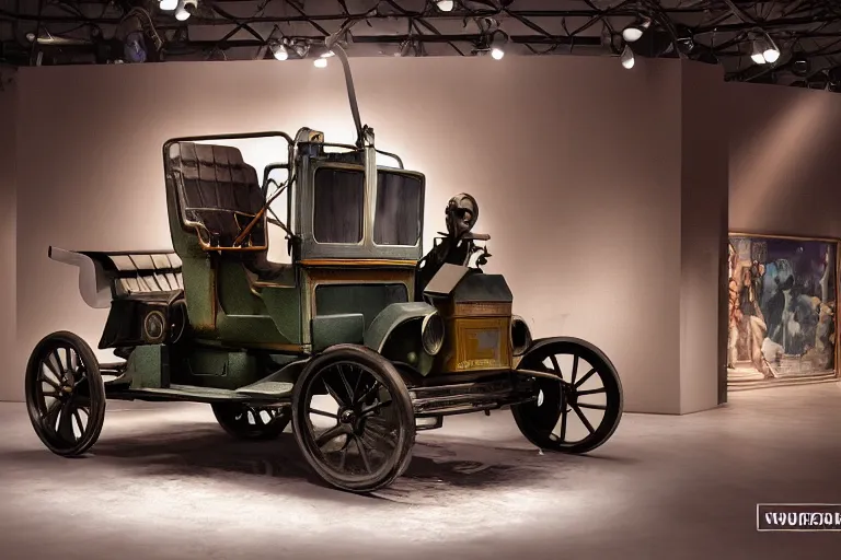 Image similar to cyberpunk 1 9 0 8 model ford t, volumetric lighting, in a museum, museum exhibit, museum lighting, 9 0 s film photo