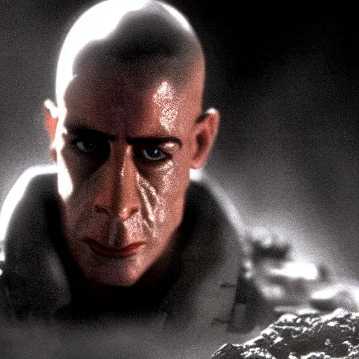 Prompt: soldier is made of rocks, still from the movie universal soldier, fog, dramatic lighting