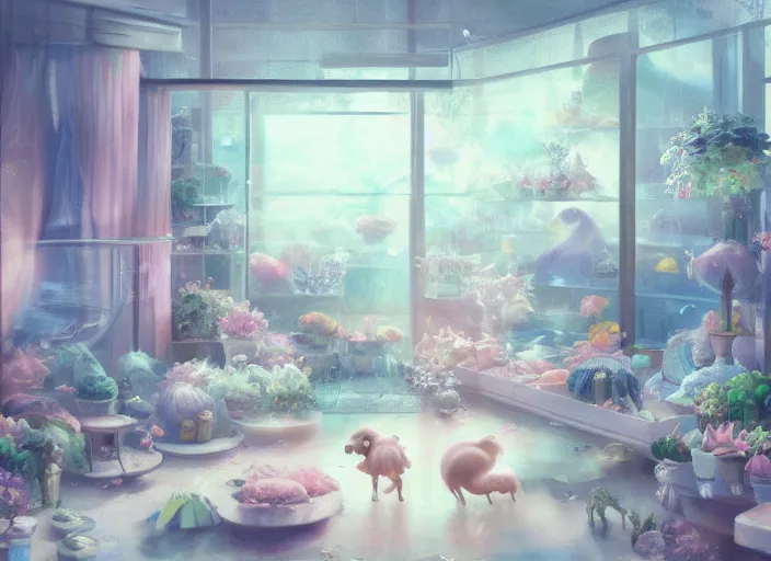 Image similar to placid pastel morning cozy moody cluttered painterly fluffy tiny cramped pet store, lots of aquariums, slanted ceiling, tiny space, particulate, trending on pixiv