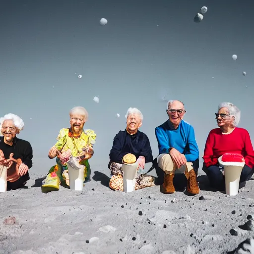 Image similar to an group of elderly people on the surface of the moon, 🌕, 🍦, eating ice - cream, canon eos r 3, f / 1. 4, iso 2 0 0, 1 / 1 6 0 s, 8 k, raw, unedited, symmetrical balance, wide angle