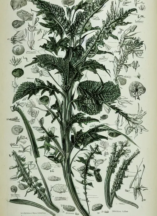 Image similar to fantasy scientific botanical illustration of a green tall plant walking around with human legs