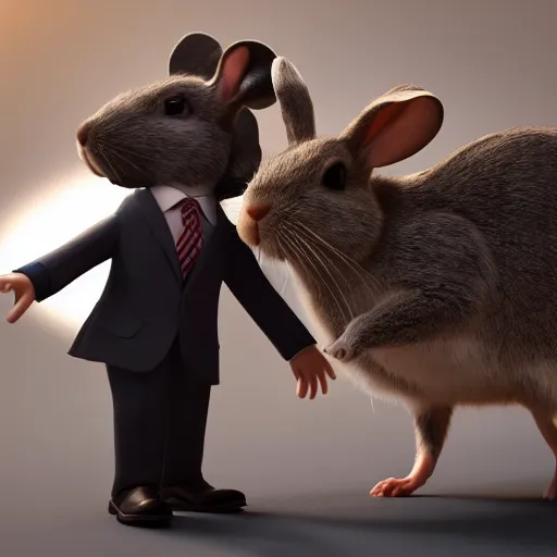 Prompt: a mouse in a suit shaking hands with a rabbit in a suit. Unreal 5 render volumetric lighting, beautiful, 4k UHD, ultra high quality