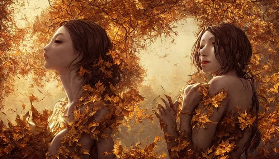 Image similar to golden leaves at frame border, creative!!! composition for a book cover!!!, absurdly beautiful, ultrafine hyperrealistic detailed old!! witch face by wlop and artgerm and greg rutkowski, intricate linework, sharp focus, smooth, octopath traveler, final fantasy, unreal engine, dramatic lighting, ethereal, 8 k