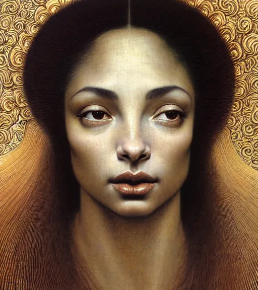Prompt: detailed realistic beautiful young sade adu face portrait by jean delville, gustave dore and marco mazzoni, art nouveau, symbolist, visionary, gothic, pre - raphaelite. horizontal symmetry by zdzisław beksinski, iris van herpen, raymond swanland and alphonse mucha. highly detailed, hyper - real, beautiful, fractal baroque