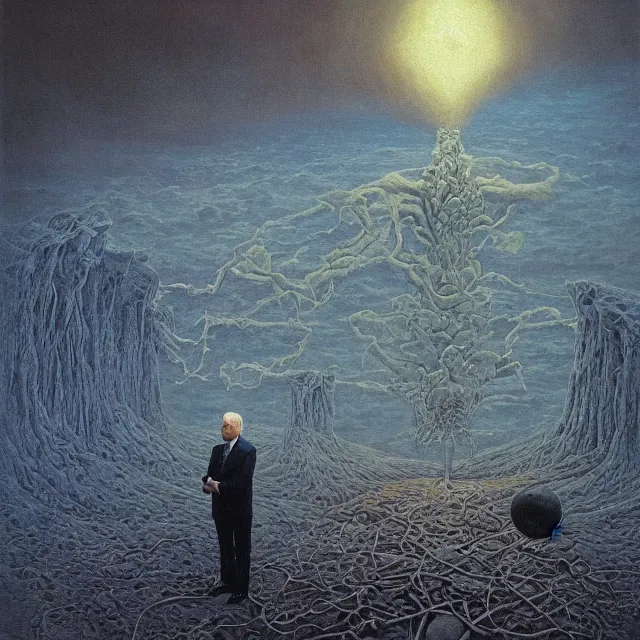 Image similar to an oil on canvas portrait painting of joe biden at the white house, surrealism, surrealist, cosmic horror, rob gonsalves, beksinski, high detail