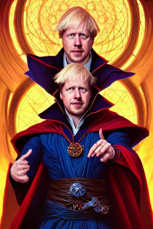 Image similar to Boris Johnson as Doctor Strange, realistic portrait, symmetrical, highly detailed, digital painting, artstation, concept art, smooth, sharp focus, illustration, cinematic lighting, art by artgerm and greg rutkowski and alphonse mucha