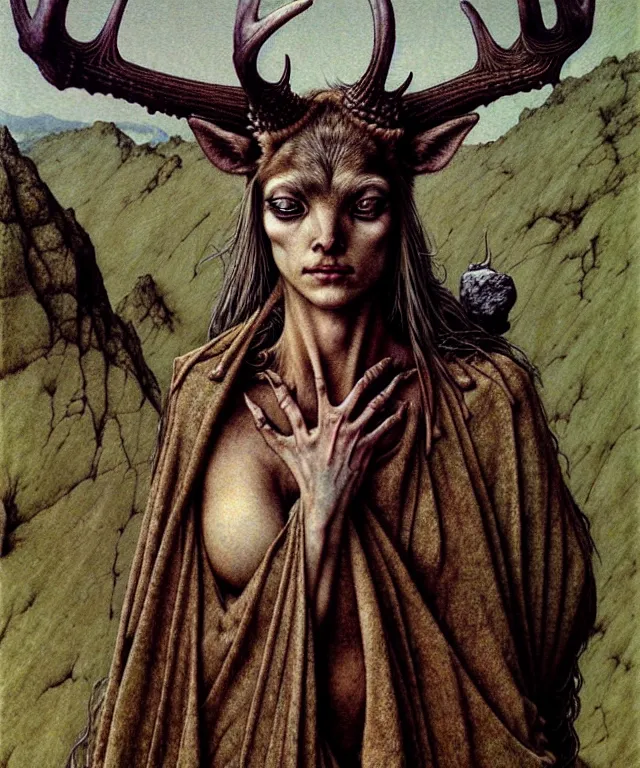 Prompt: A detailed horned deerwoman stands among the mountains with a pebble in hand. Wearing a ripped mantle, robe. Extremely high details, realistic, fantasy art, solo, masterpiece, art by Zdzisław Beksiński, Arthur Rackham, Dariusz Zawadzki