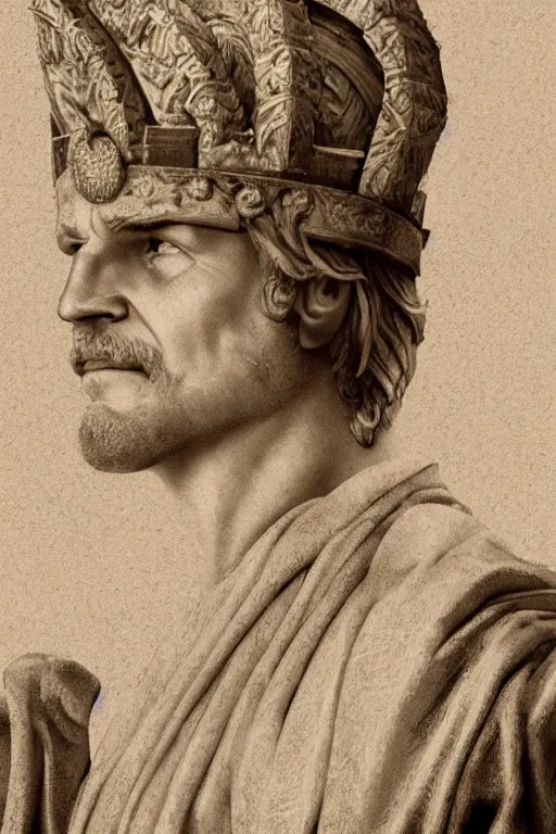 Image similar to Illustration of Jeff Bridges as a Roman Emperor wearing a Laurel wreath, Artstation, hq 8k cinematic