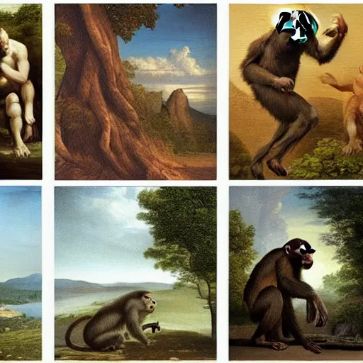 Prompt: evolution from monkey to man, 4 pictures, in the style of the Hudson River School