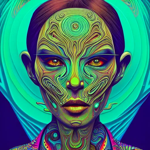 Image similar to An extremely psychedelic portrait, surreal, LSD, face, detailed, intricate, elegant, lithe, highly detailed, digital painting, artstation, concept art, smooth, sharp focus, illustration, art by Kilian Eng