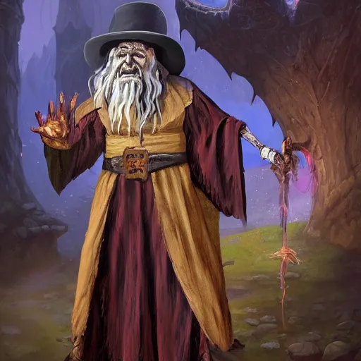 Image similar to Chawick the Fail Wizard, a ponce wizard's apprentice in ragged and stained wizard's robes and hat. 8k resolution, full-length portrait, digital painting, fantasy art, D&D character art, greg rukowski, frank frazetta, larry elmore.