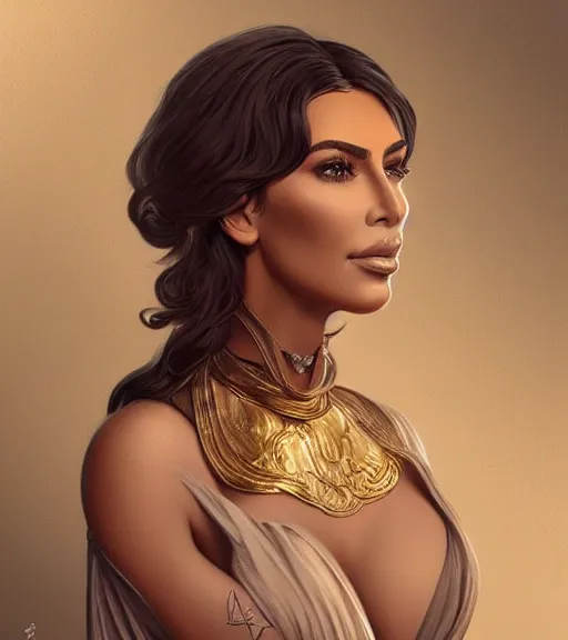 Image similar to kim kardashian wearing a golden dress, grey hair, red necktie, cinematic, stunning, highly detailed, digital painting, artstation, smooth, hard focus, full body shot, illustration, art by artgerm and greg rutkowski and alphonse mucha