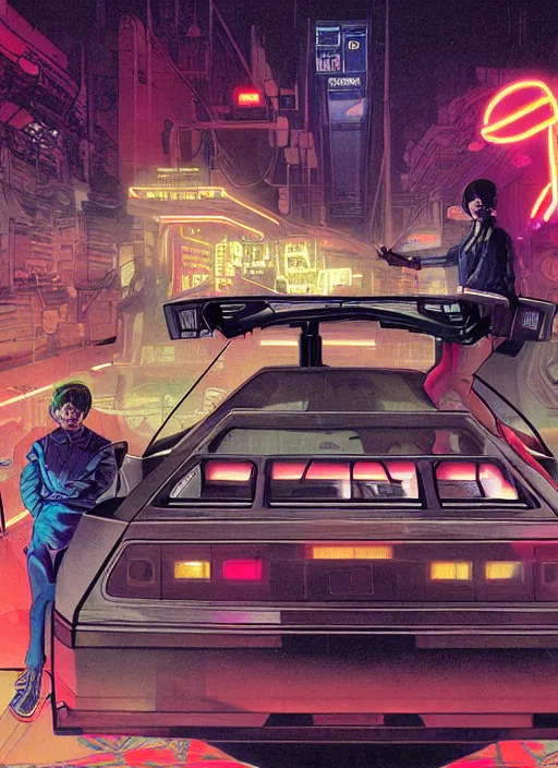 Prompt: portrait of a cyborg boy and a cyborg girl driving a delorean car in the middle of futuristic tokyo at night. diffuse neon light, dramatic landscape, fantasy illustration, matte painting by mucha