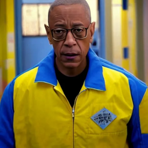 Image similar to gus fring in a blue varsity jacket with yellow sleeves, still from breaking bad