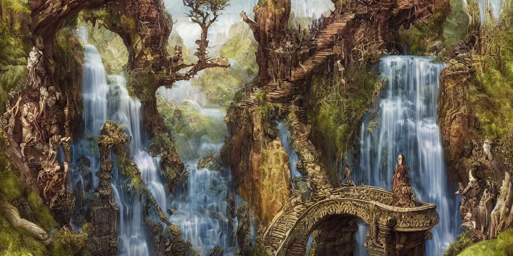 Image similar to innovative waterfall the ancient gods fantasycore landscape, Precise and Intricate Linework, Art Nouveau Cosmic 4k Detailed Matte Illustration trending on Flickr ,CGSociety, Crimson and Ecru color scheme, Pastiche by Albrecht Dürer, Pastiche by Don Maitz