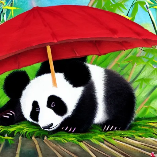 Prompt: cute fluffy baby panda holding a parasol, background of bamboo and cherry blossom trees, detailed painting 4 k