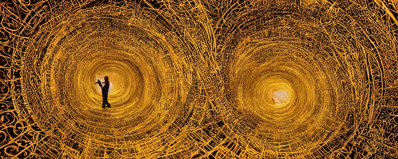 Image similar to vivid illustration of a person choosing between tunnels inside a highly intricate torus with detailed golden ornamentation and golden light, choosing between pathways