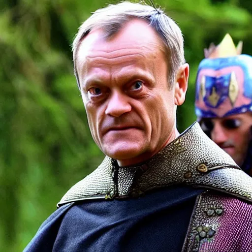 Prompt: donald tusk in medieval times look like merlin magic spells costume high details cinematic mood